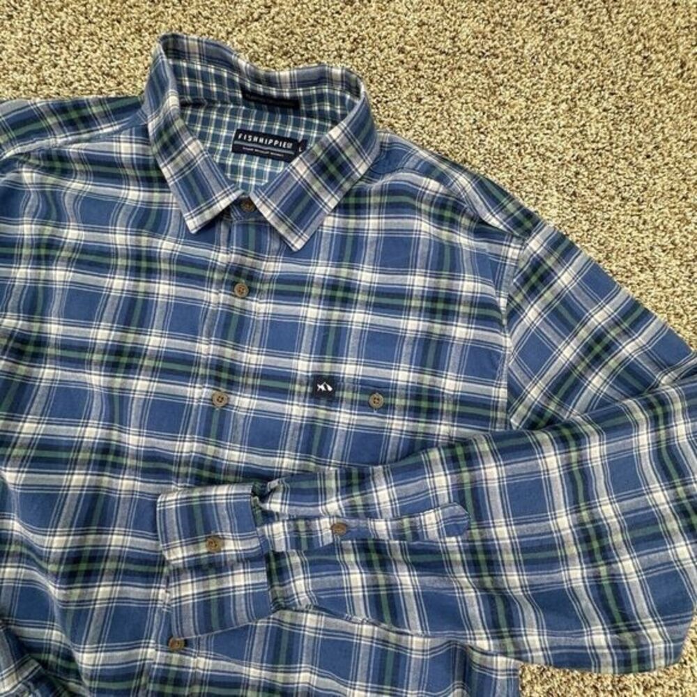 Fish Hippie Flannel Collection Long Sleeve‎ Button Down Shirt (Men's Large) Blue